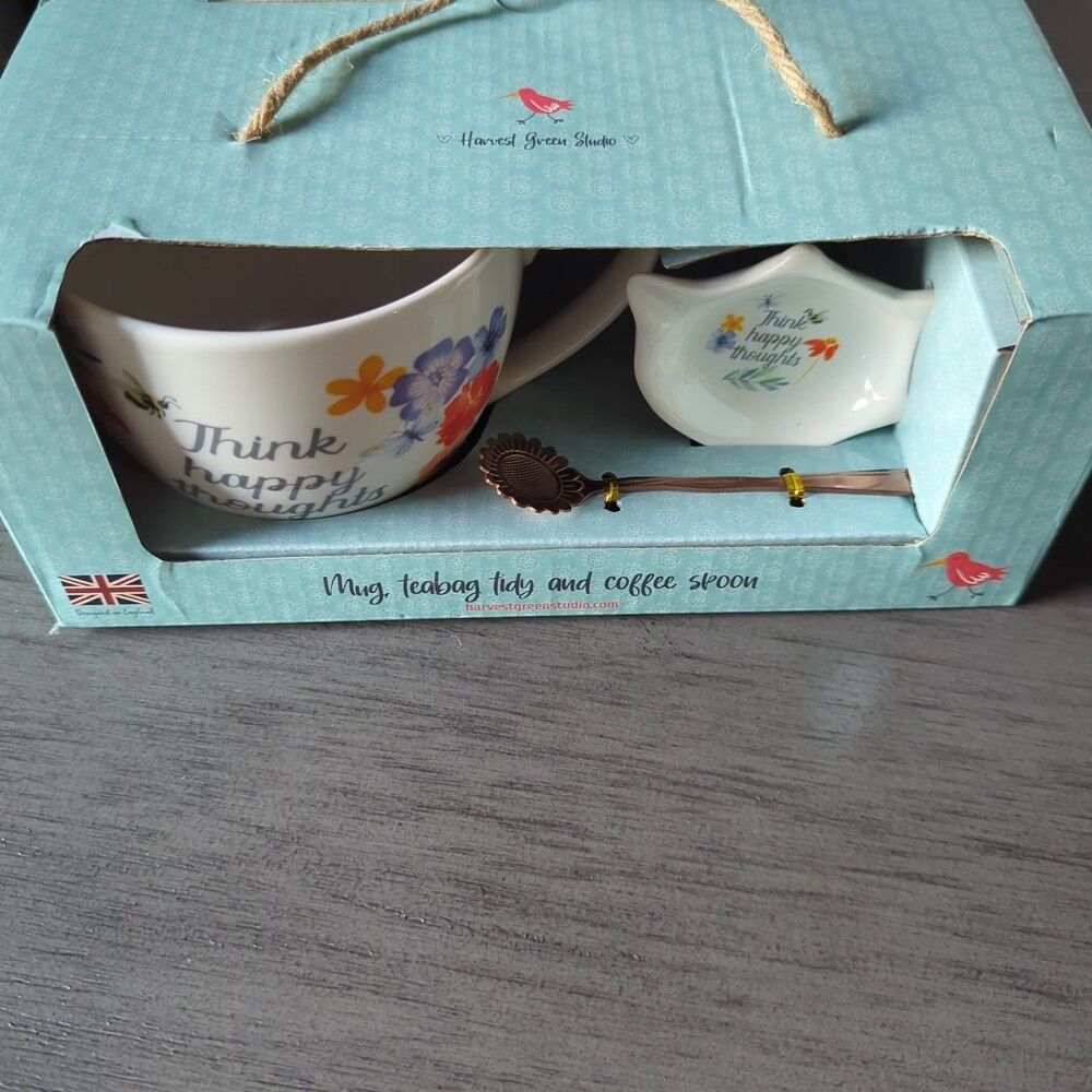 3PC Set Harvest Green Studio "Think Happy Thoughts" Mug Teabag Dish Coffee Spoon